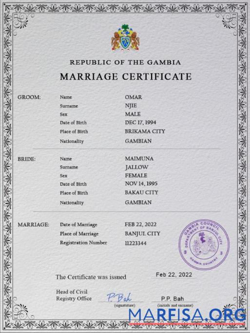 Downloadable Gambia marriage certificate PSD template